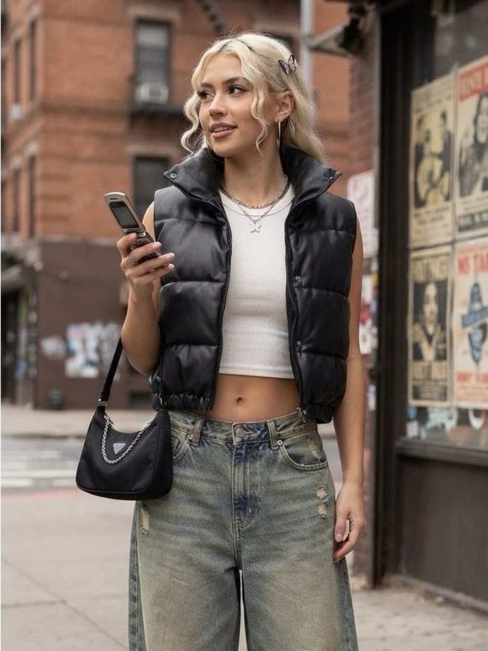 Black Faux Leather Cropped Puffer Vest Streetwear Gothcore Winter Outerwear
